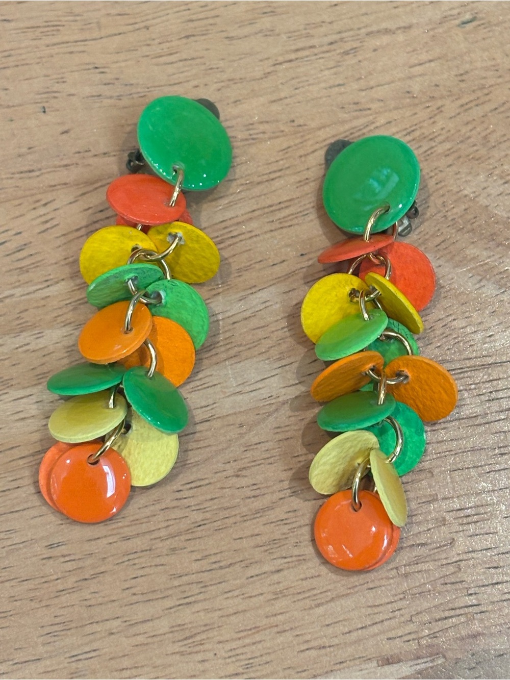 Mid century modern 1960s citrus color bohemian-style wooden dangle earrings